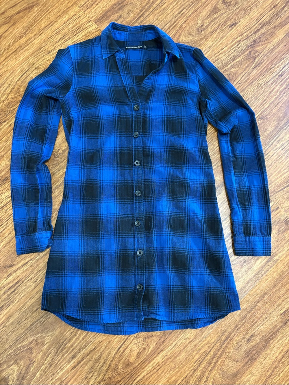 Abercrombie & Fitch Blue and Black Long-Sleeve Button-up Plaid Shirt Dress